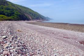 A rocky beach stretches along the base of a green, sloping hillside, meeting the calm, hazy sea under a pale sky.| Porlock Beach