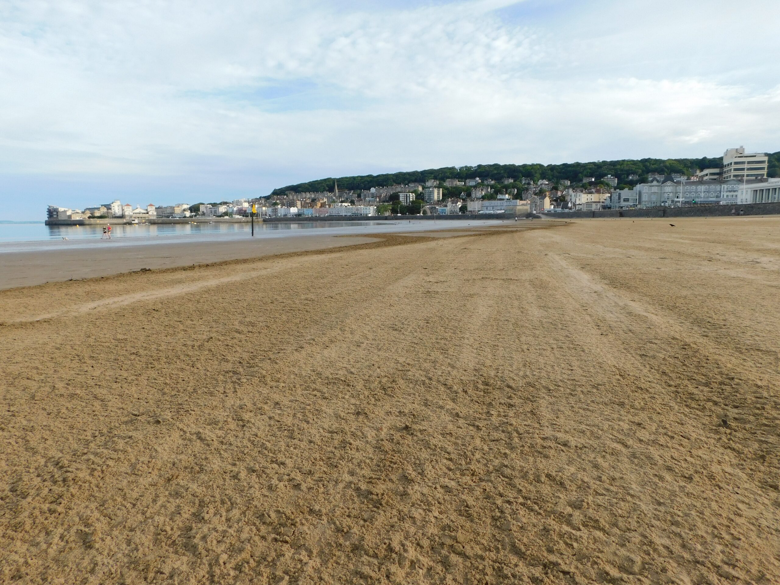 Large sandy beach with buildings in the distance at Weston-Super-Mare