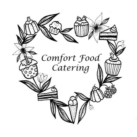 The words Comfort Food Catering surrounded by cakes, sandwiches leaves and flowers arranged in a heart shape.
