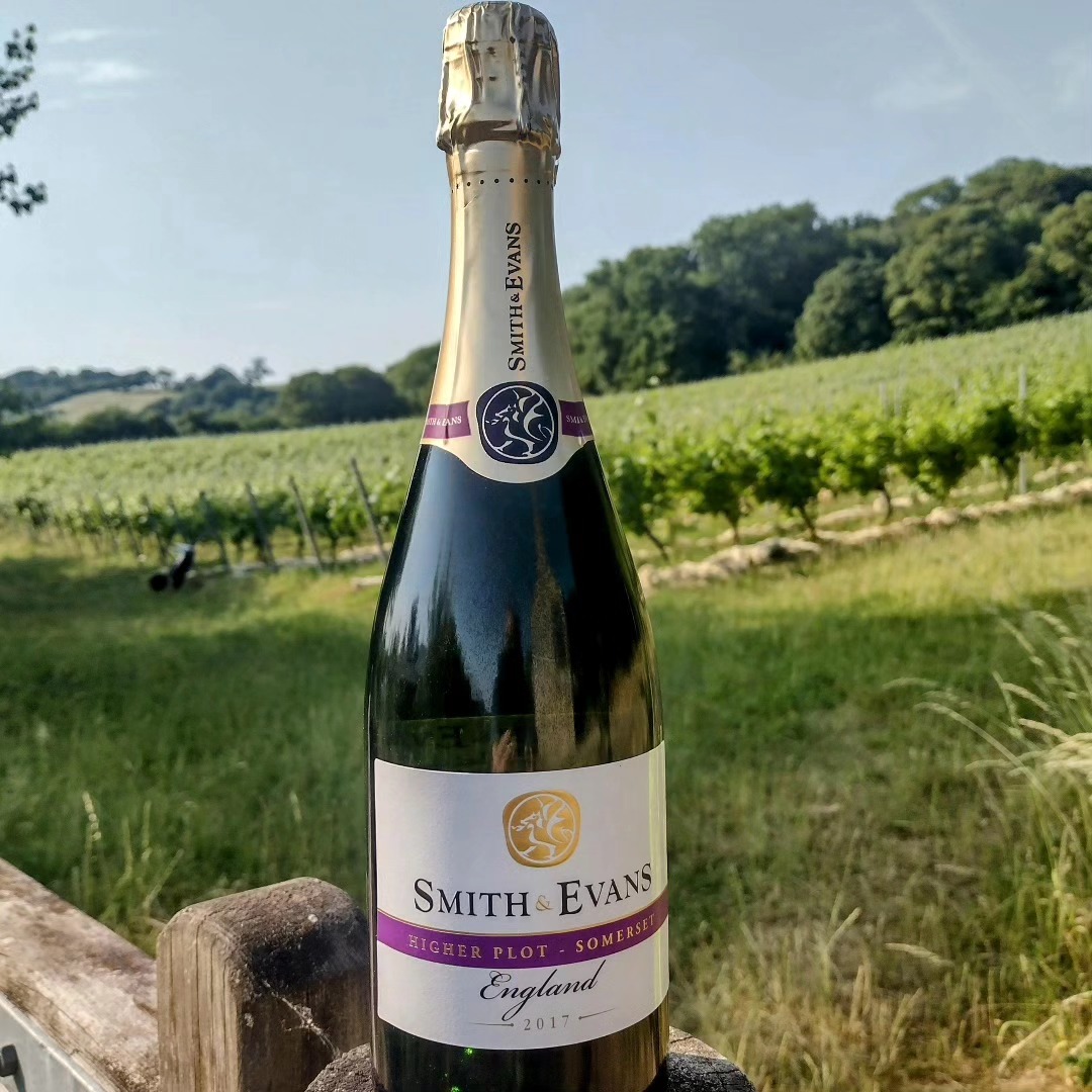A bottle of Smith & Evans wine sits atop a gate, with the rows of vines disappearing into the distance behind